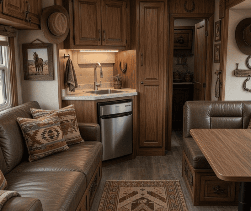 Custom Western horse trailer living quarters interior remodel by Ace of Spades Custom RV featuring leather seating, wooden cabinets, and Western decor